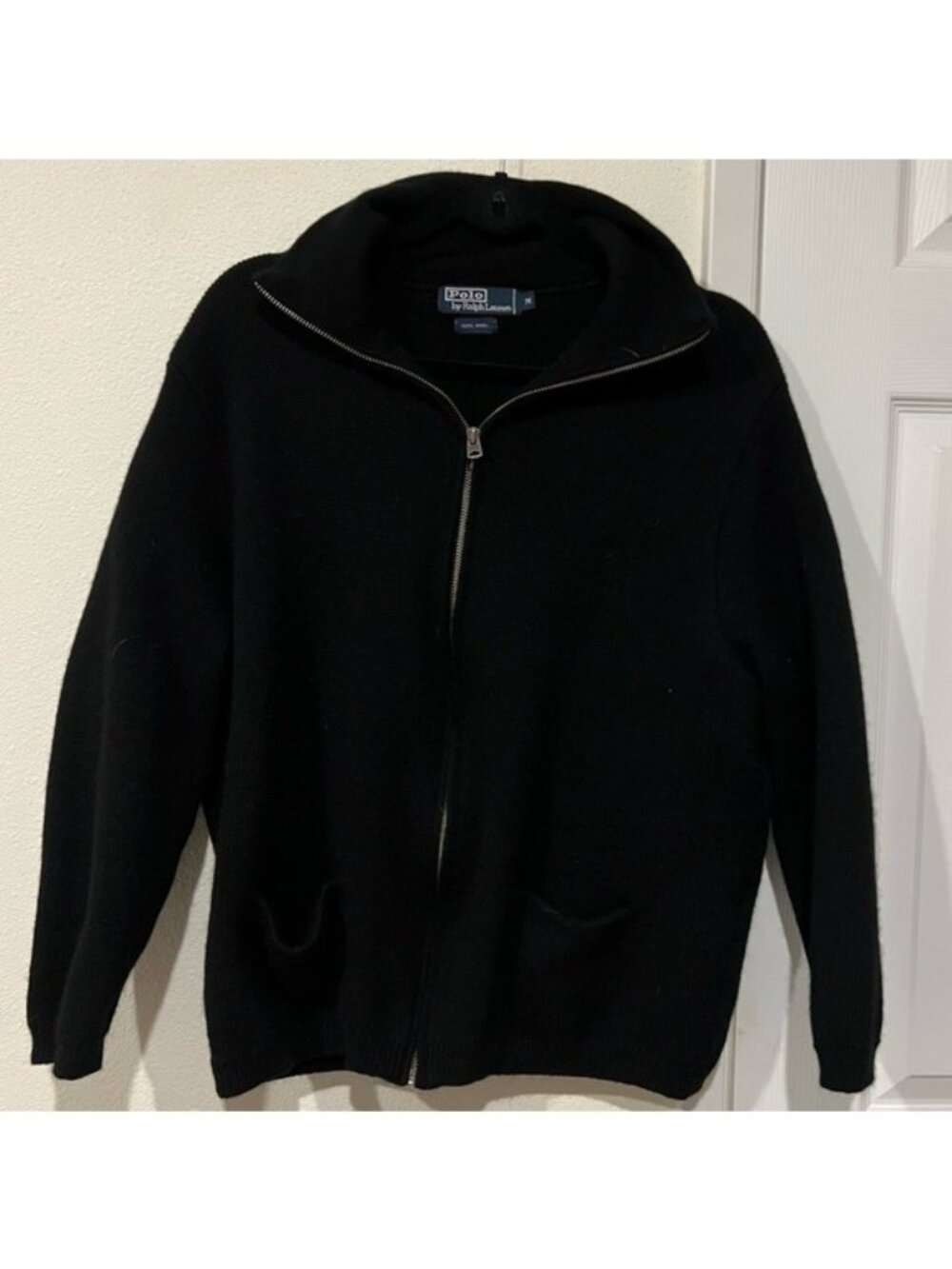 Vintage Polo by Ralph Lauren Black Full Zip Wool Sweater Size Medium Old Money